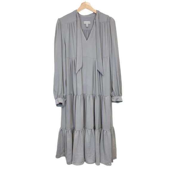 Topshop Tiered Tie Neck Chuckon Midi Dress Gray Women's Size 8 - Picture 2 of 5